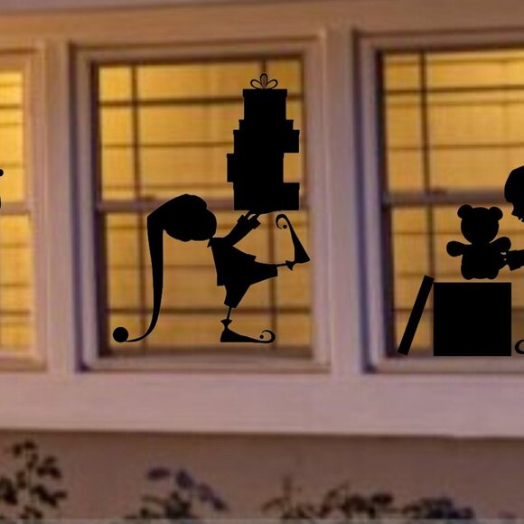 Giant CHRISTMAS ELF carrying Christmas Window Cling Decal silhouette|Reusable - Picture 2 of 5